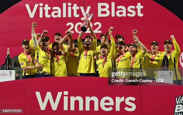 Hampshire celebrates winning the Vitality Blast Final match between Lancashire Lightning and Hampshire Hawks at Edgbaston on July 16, 2022 in...