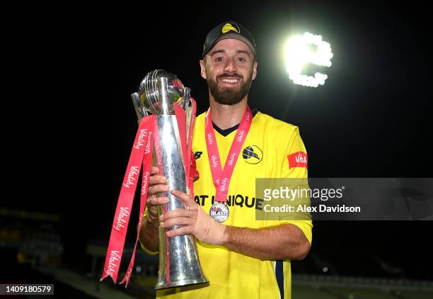 Hampshire captain James Vince poses with the Vitality Blast trophy after the Vitality Blast Final match between Lancashire Lightning and Hampshire...