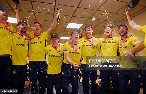 Nathan Ellis of Hampshire celebrates in the dressing room with teammates after the Vitality Blast Final match between Lancashire Lightning and...