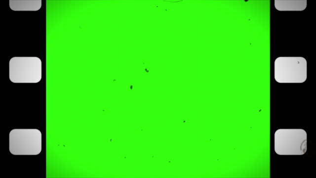 Old camera roll animation on green color.  Black film reel scrolling vertically with noise, flicker, scratches, dust, hair, light leaks effects. Loopable, vintage film frame. 4k, Retro template.