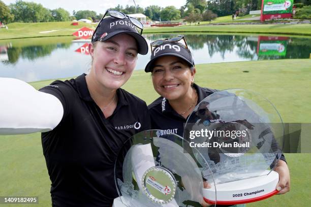 Jennifer Kupcho of the United States and Lizette Salas of the United States pose with the trophies after winning the Dow Great Lakes Bay Invitational...