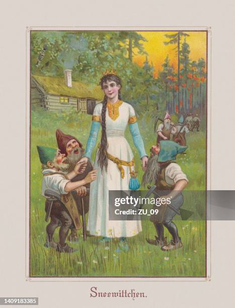 schneewittchen (grimms märchen), chromolithographie, erschienen ca.1898 - märchen stock-grafiken, -clipart, -cartoons und -symbole