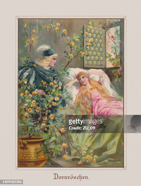 sleeping beauty (grimms' fairy tales), chromolithograph, published ca.1898 - lithograph stock illustrations