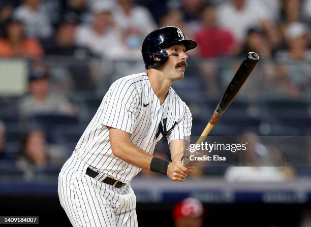 Matt Carpenter of the New York Yankees hits a two run home run against the Cincinnati Reds at Yankee Stadium on July 14, 2022 in the Bronx borough of...