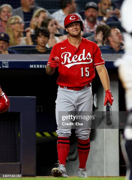 Nick Senzel of the Cincinnati Reds celebrates after Joey Votto scored against the New York Yankees at Yankee Stadium on July 14, 2022 in the Bronx...