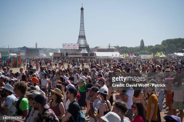 View of the audience during Lollapalooza Paris Festival at Hippodrome de Longchamp on July 16, 2022 in Paris, France.