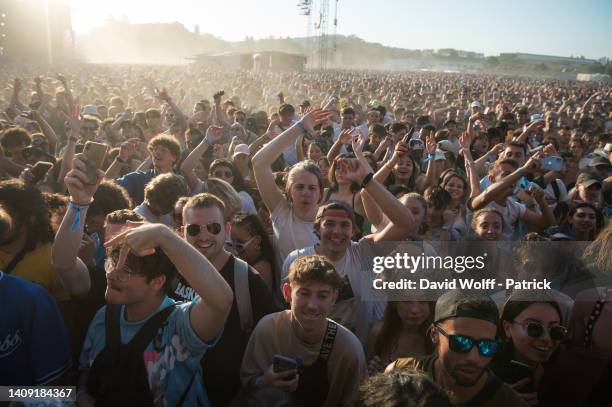 View of the audience during Lollapalooza Paris Festival at Hippodrome de Longchamp on July 16, 2022 in Paris, France.