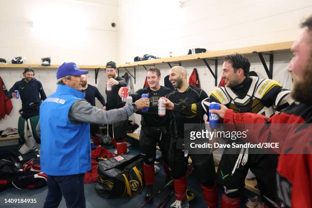Head coach Guy Carbonneau of Team Carbonneau celebrates with his team after defeating Team LeClair 6-5 in the final during 3ICE Week Five at...