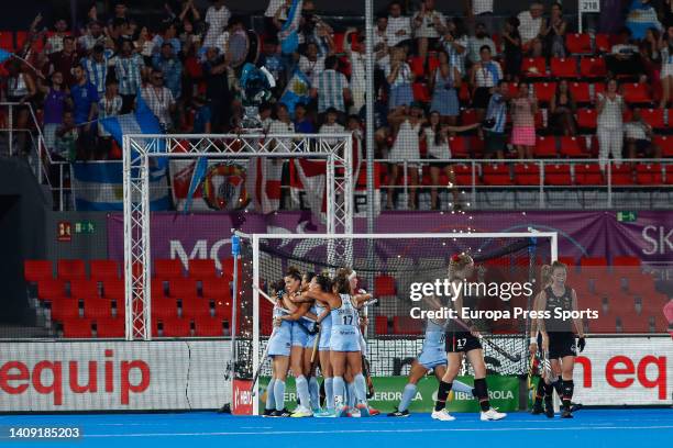 Players of Argentina celebrate a goal scored by Agustina Albertarrio during the FIH Hockey Women's World Cup 2022, semifinal, hockey match played...