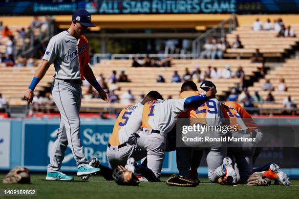 American League players gather before the SiriusXM All-Star Futures Game at Dodger Stadium on July 16, 2022 in Los Angeles, California.