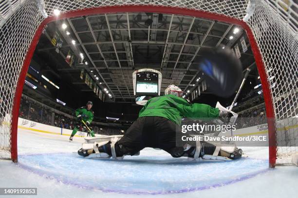 Connor LaCouvee of Team Murphy allows a goal against Team LeClair during 3ICE Week Five at Budweiser Gardens on July 16, 2022 in London, Ontario.