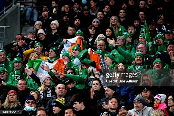 Irish fans watch on during the International Test match between the New Zealand All Blacks and Ireland at Sky Stadium on July 16, 2022 in Wellington,...