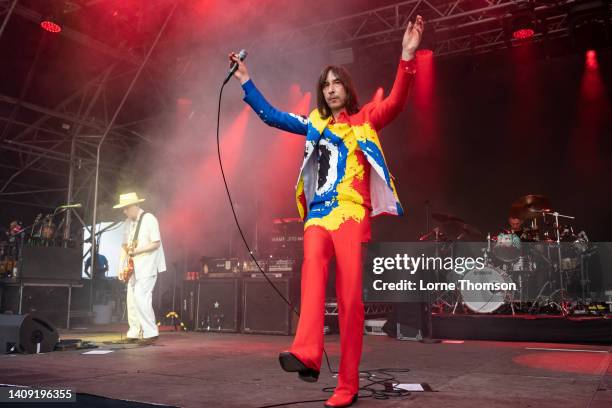 Andrew Innes and Bobby Gillespie of Primal Scream perform at Alexandra Palace Park on July 16, 2022 in London, England.