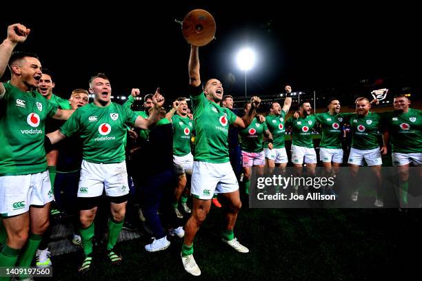 James Lowe of Ireland celebrates with his team after winning the International Test match between the New Zealand All Blacks and Ireland at Sky...