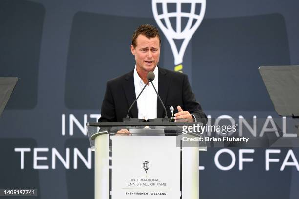Lleyton Hewitt of Australia gives an acceptance speech after being inducted into the International Tennis Hall of Fame on July 16, 2022 in Newport,...
