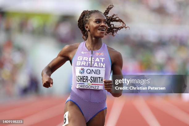 Dina Asher-Smith of Team Great Britain reacts after competing in the Women’s 100m heats on day two of the World Athletics Championships Oregon22 at...