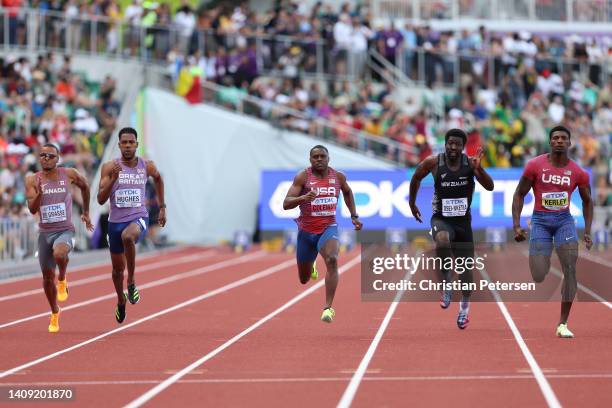 Andre de Grasse of Team Canada, Zharnel Hughes of Team Great Britain, Christian Coleman of Team United States, Edward Osei-Nketia of Team New...