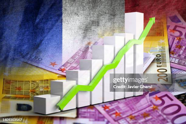 economy graph: rising arrow, france flag and euro banknotes - inflation photos et images de collection