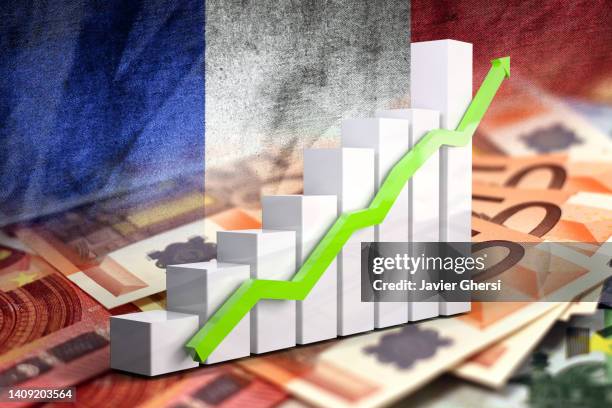 economy graph: rising arrow, france flag and euro banknotes - french budget stock pictures, royalty-free photos & images