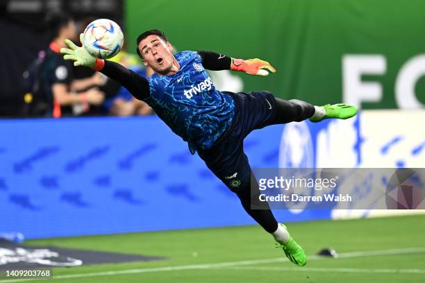 Kepa Arrizabalaga of Chelsea warms up prior to the Preseason Friendly match between Chelsea and Club America at Allegiant Stadium on July 16, 2022 in...