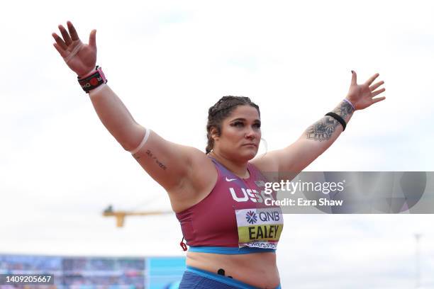 Chase Ealey of Team United States reacts while competing in the Women’s Shot Put Final on day two of the World Athletics Championships Oregon22 at...