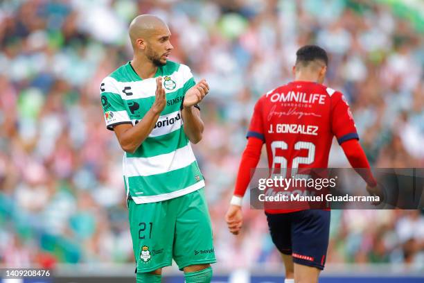 Matheus Doria of Santos reacts during the 3rd round match between Santos Laguna and Chivas as part of the Torneo Apertura 2022 Liga MX at Corona...