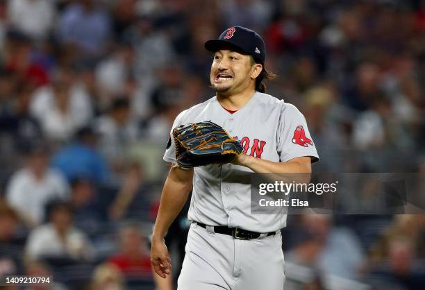 Hirokazu Sawamura of the Boston Red Sox reacts in the seventh inning against the New York Yankees at Yankee Stadium on July 16, 2022 in the Bronx...