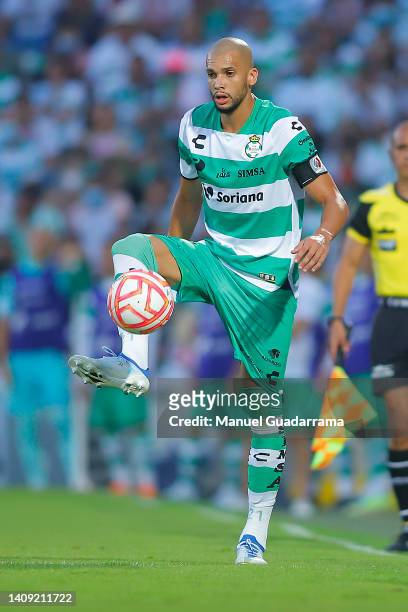 Mathues Doria of Santos controls the ball during the 3rd round match between Santos Laguna and Chivas as part of the Torneo Apertura 2022 Liga MX at...