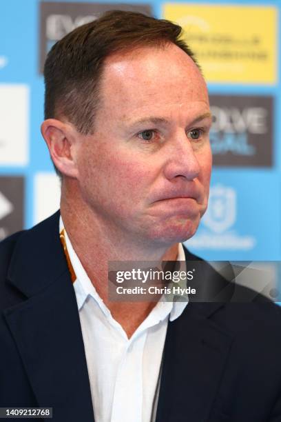 Titans coach Justin Holbrook speaks to media during the round 18 NRL match between the Gold Coast Titans and the Brisbane Broncos at Cbus Super...