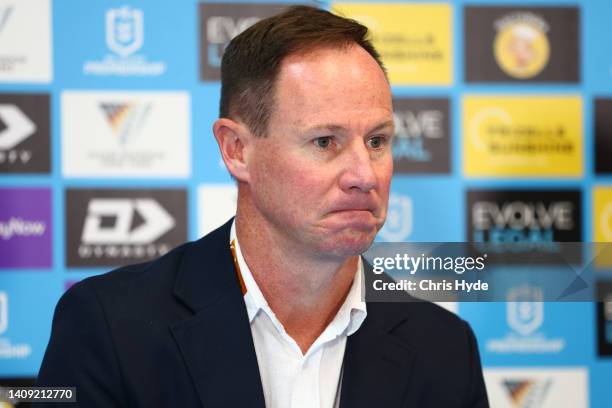 Titans coach Justin Holbrook speaks to media during the round 18 NRL match between the Gold Coast Titans and the Brisbane Broncos at Cbus Super...