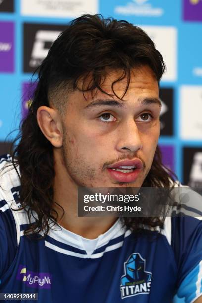 Tino Fa'asuamaleaui of the Titans speaks to media losing the round 18 NRL match between the Gold Coast Titans and the Brisbane Broncos at Cbus Super...