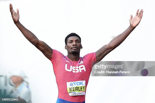 Fred Kerley of Team United States reacts after winning gold in the Men’s 100m Final on day two of the World Athletics Championships Oregon22 at...