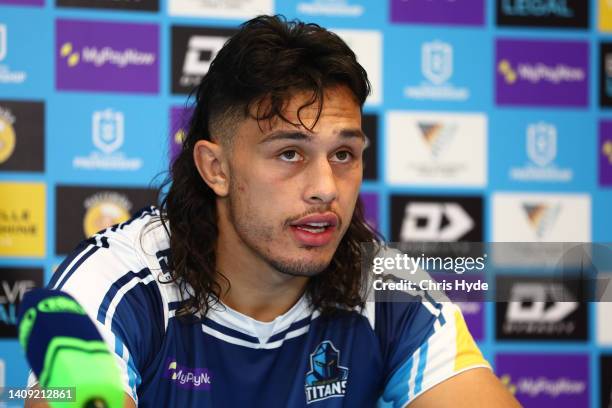 Tino Fa'asuamaleaui of the Titans speaks to media losing the round 18 NRL match between the Gold Coast Titans and the Brisbane Broncos at Cbus Super...