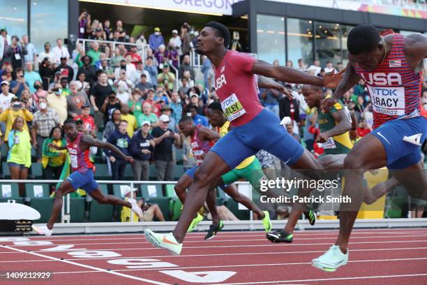 Fred Kerley of Team United States, and Marvin Bracy of Team United States compete in the Men’s 100m Final on day two of the World Athletics...