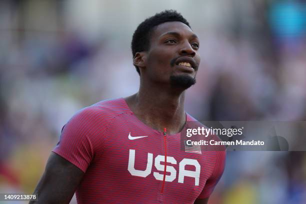 Fred Kerley of Team United States, celebrates after crossing the finish line to win the Men’s 100m Final on day two of the World Athletics...