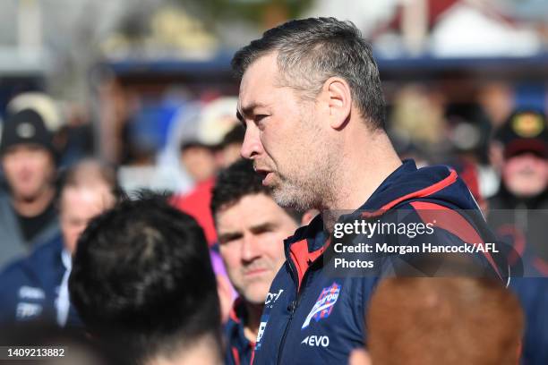 Port Melbourne VFL coach, Adam Skrobalak speaks to players during the round 16 VFL match between Port Melbourne and Collingwood at ETU Stadium on...