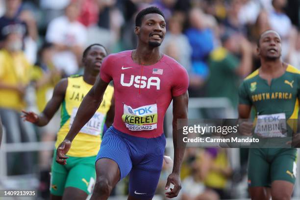 Fred Kerley of Team United States competes in the Men’s 100m Final on day two of the World Athletics Championships Oregon22 at Hayward Field on July...