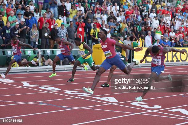 Fred Kerley of Team United States competes in the Men’s 100m Final on day two of the World Athletics Championships Oregon22 at Hayward Field on July...