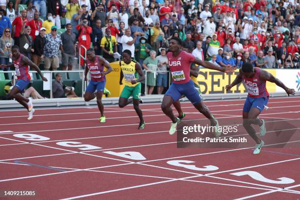 Fred Kerley of Team United States, and Marvin Bracy of Team United States compete in the Men’s 100m Final on day two of the World Athletics...