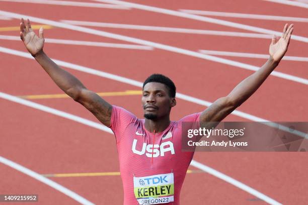 Fred Kerley of Team United States celebrates after winning gold in the Men’s 100m Final on day two of the World Athletics Championships Oregon22 at...