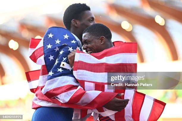 Gold medalist Fred Kerley of Team United States and silver medalist Marvin Bracy of Team United States celebrate after the Men's 100m Final on day...