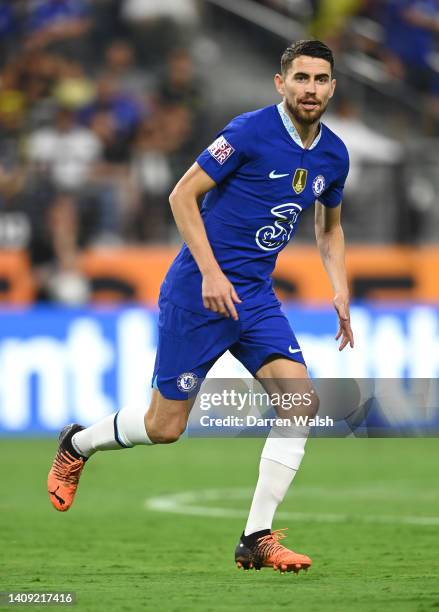 Jorginho of Chelsea looks on during the Preseason Friendly match between Chelsea and Club America at Allegiant Stadium on July 16, 2022 in Las Vegas,...