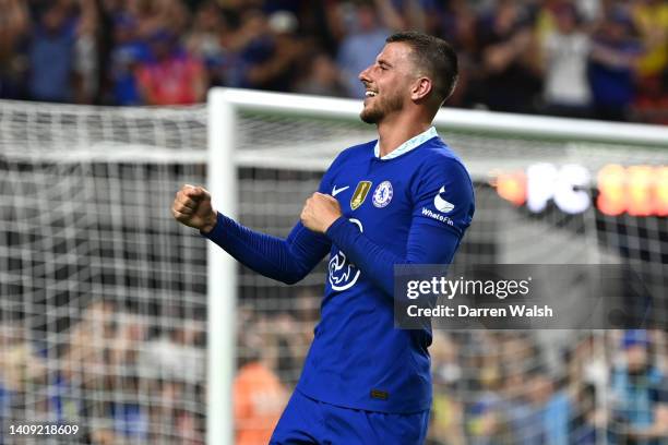 Mason Mount of Chelsea celebrates after scoring their side's second goal during the Preseason Friendly match between Chelsea and Club America at...