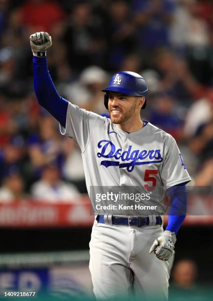 Freddie Freeman the Los Angeles Dodgers celebrates after hitting a homerun recording his 1000th career RBI in the 5th inning against the Los Angeles...