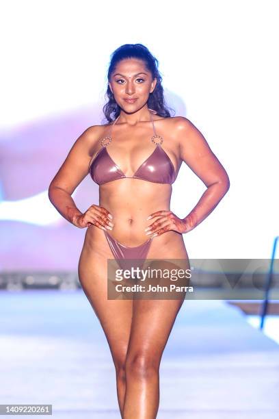 Miss World California Manju Bangalore walks the runway for Sports Illustrated Swimsuit Runway Show During Paraiso Miami Beach on July 16, 2022 in...