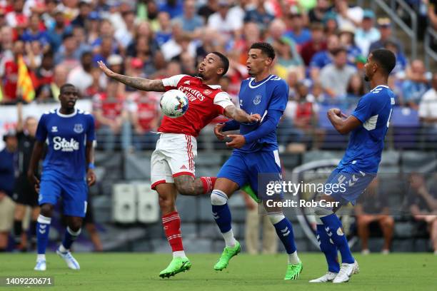 Gabriel Jesus of Arsenal and Ben Godfrey of Everton go after the ball in the first half during a preseason friendly at M&T Bank Stadium on July 16,...