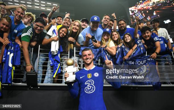 Mason Mount of Chelsea poses with the player of the match award with the fans following the Preseason Friendly match between Chelsea and Club America...