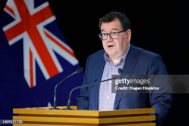 Finance Minister Grant Robertson speaks to media during a press conference at Parliament on July 17, 2022 in Wellington, New Zealand. The New Zealand...