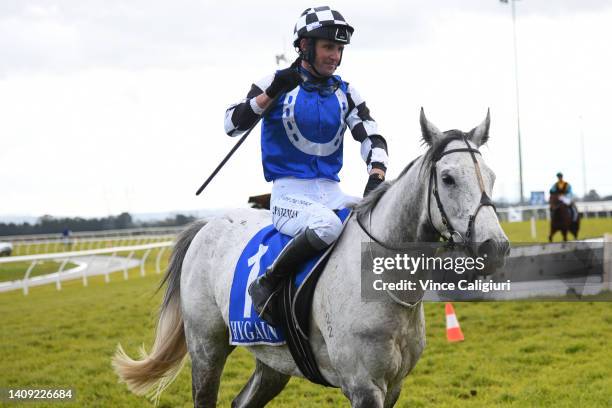 Steven Pateman riding Saunter Boy after winning Race 4, the Brendan Drechsler Hurdle, during Pakenham Hurdles Mosstrooper Steeple Day at Pakenham on...