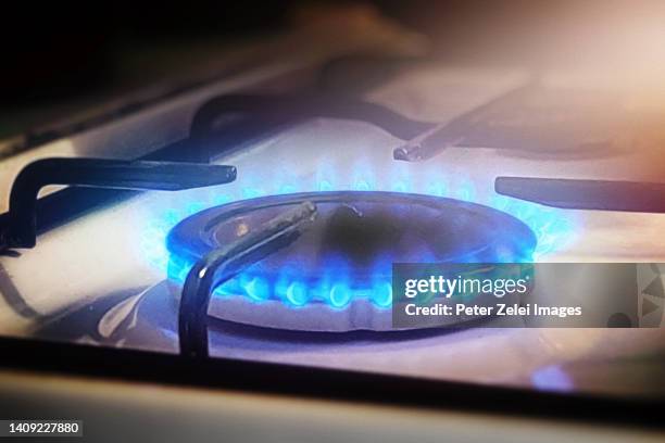 gas flames burning from a kitchen stove - gas cooking stock pictures, royalty-free photos & images